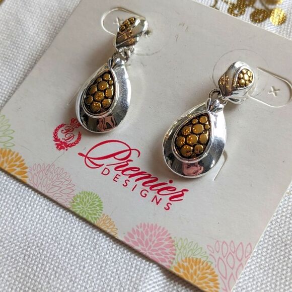 NWOT Premier Designs silver and gold mixed metals post back dangling earrings - Picture 2 of 5